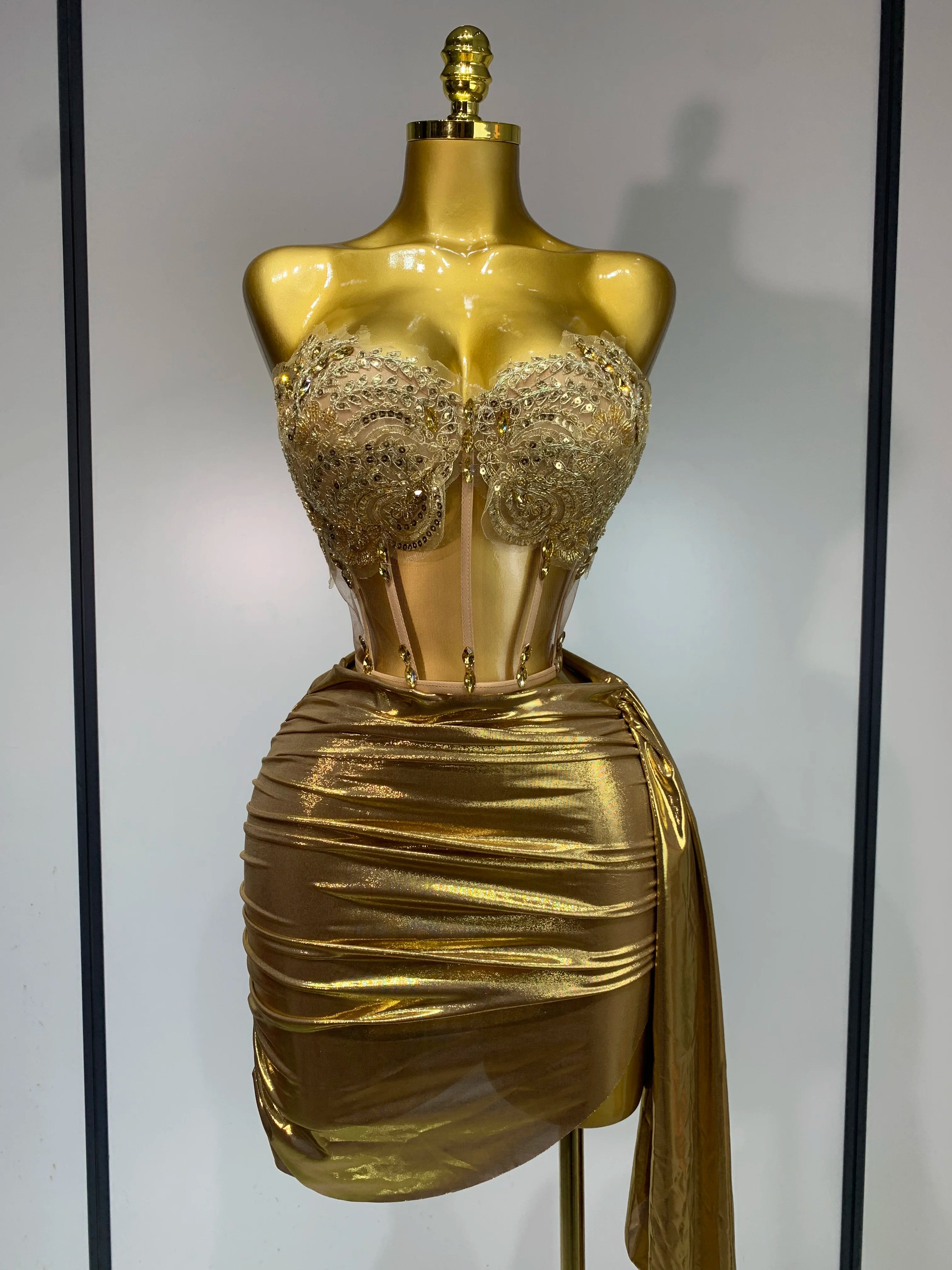 Women Sexy Strapless Sequins Rhinestone Gold Dress Glitter Top Two Pieces Sets Birthday Evening Party Club Singer Stage Outfit