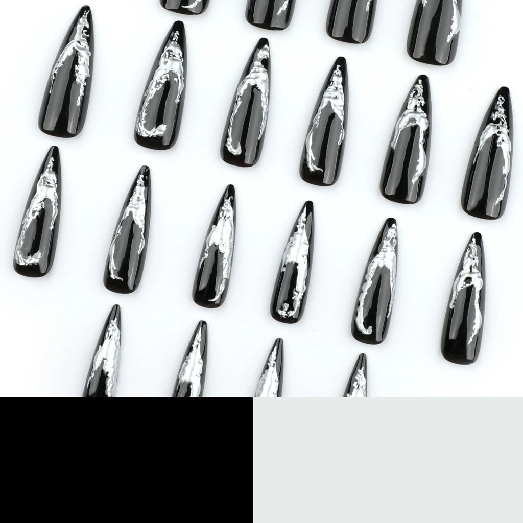 24pcs Press on Nails Dark Long Pointed 3D Silver Full Coverage Nail Tips for Women&Girl Halloween Removable Wearable Fake Nail