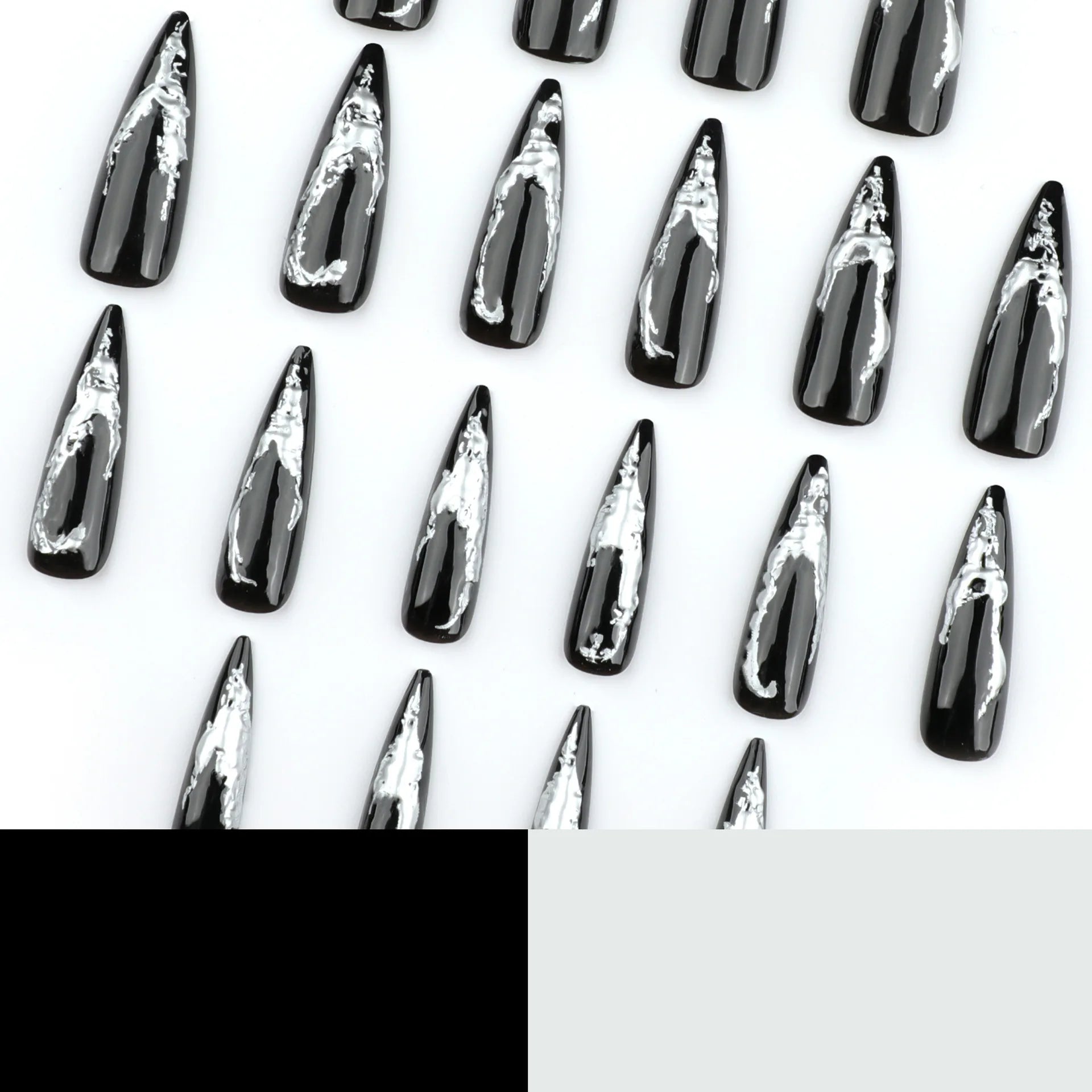 24pcs Press on Nails Dark Long Pointed 3D Silver Full Coverage Nail Tips for Women&Girl Halloween Removable Wearable Fake Nail