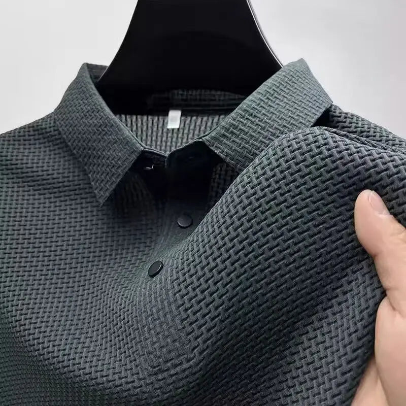 Summer New Men's Lop-up Hollow Short-sleeved Polo Tee Shirt Ice Silk Breathable Business Fashion T-Shirt Male Brand Clothes - Live Store 4U