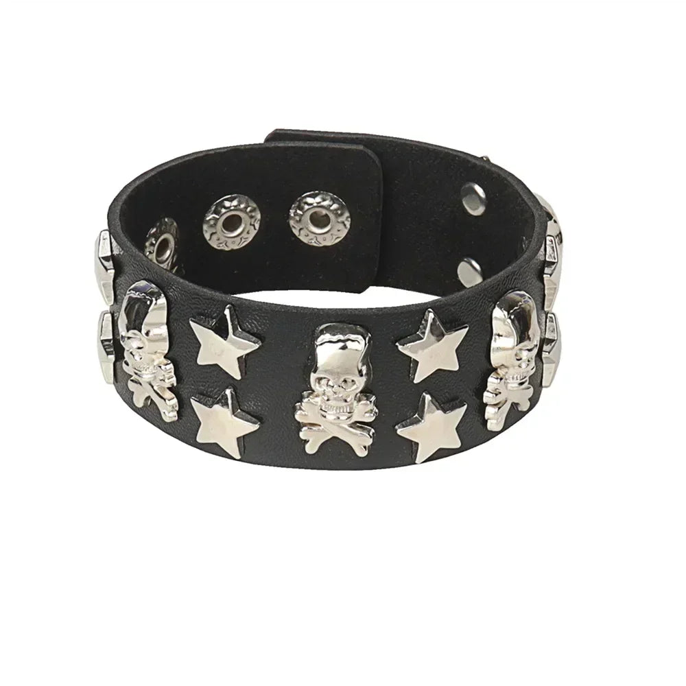 Punk Hip Hop Rock PU Leather Bracelet Unisex Trendy Chain Skull Pentagram Rivet Bracelet Party Jewelry Accessories - Live Store 4U
