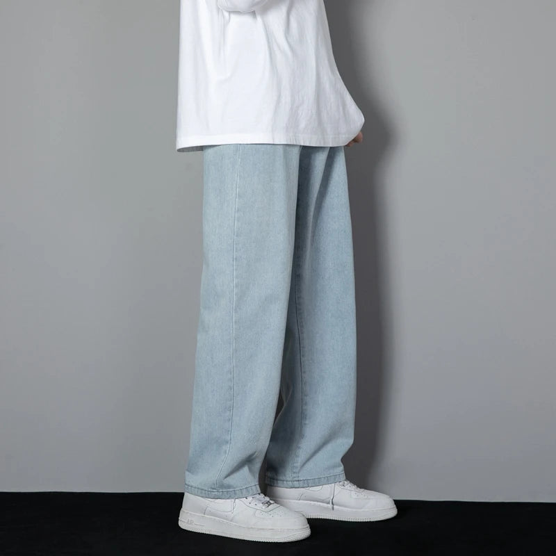 2025 New Korean Men's Casual Long Jeans Classic Man Straight Denim Wide-leg Pants Solid Color Light Blue Grey Black - Live Store 4U