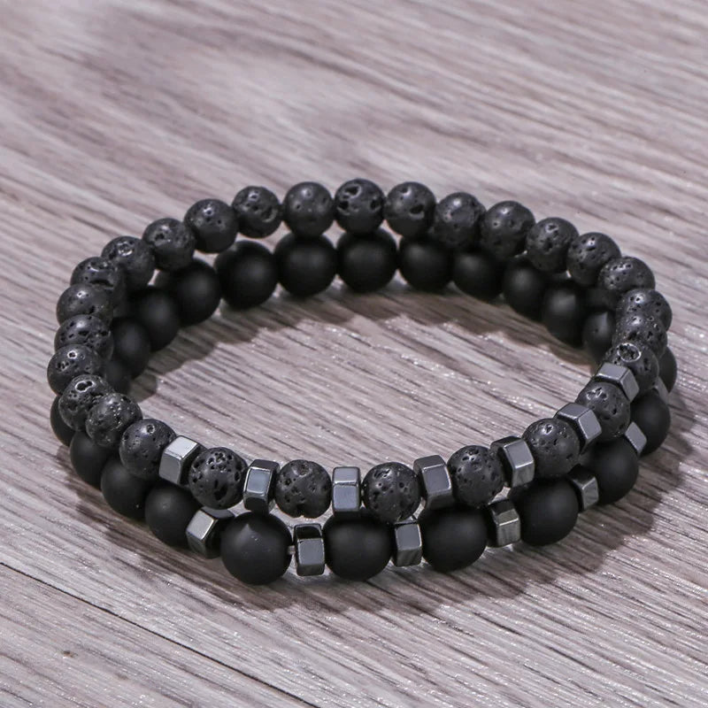 New In Frosted Black Bead Volcanic Stone Men’s Bracelet Set Double Layer Nature Stone Beaded Bracelets Gifts - Live Store 4U