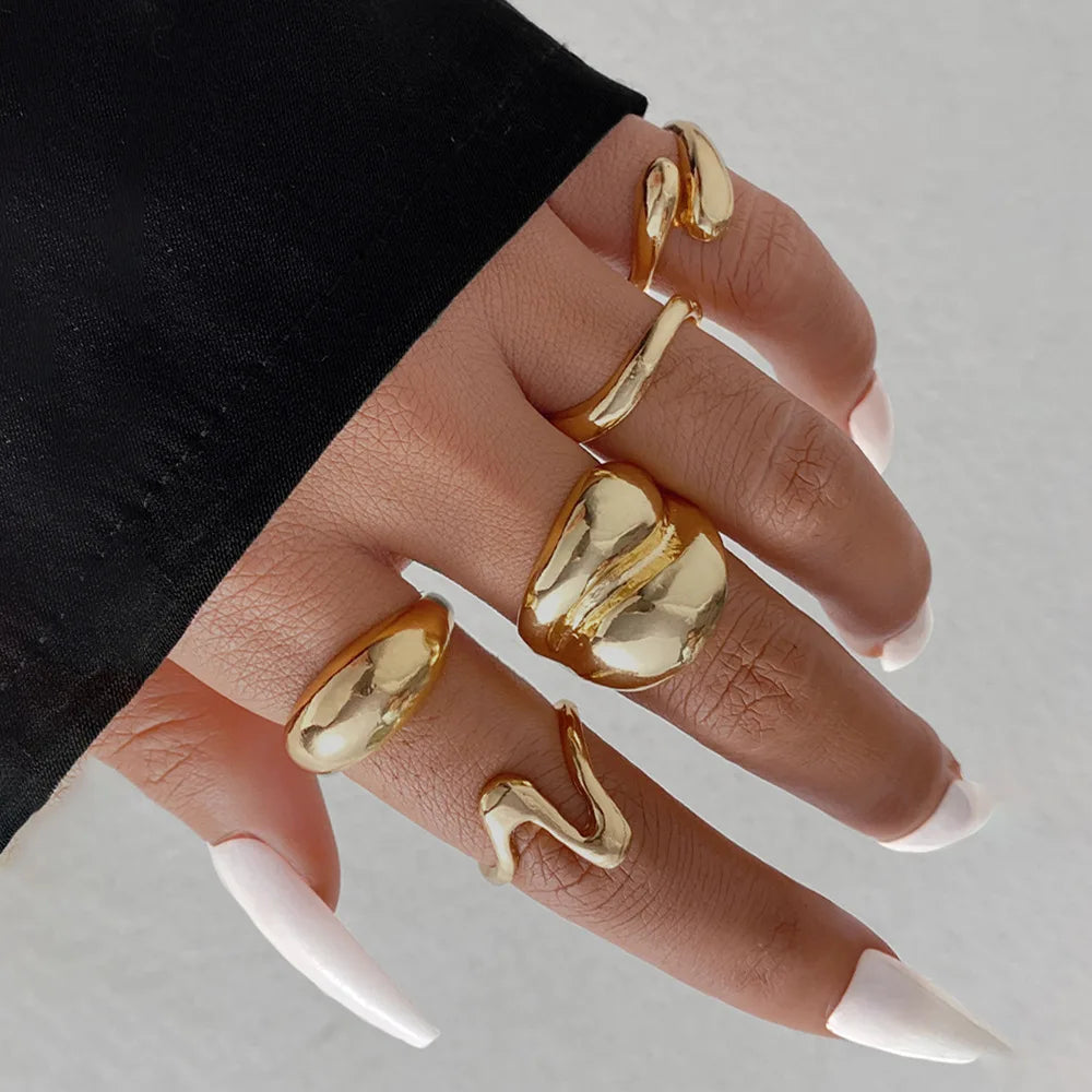 15Pcs/Set Exaggerated Metal Irregular Lines Water Droplet Smooth Rings for Women Men Punk Retro Boho Fashion Jewelry Gift - Live Store 4U