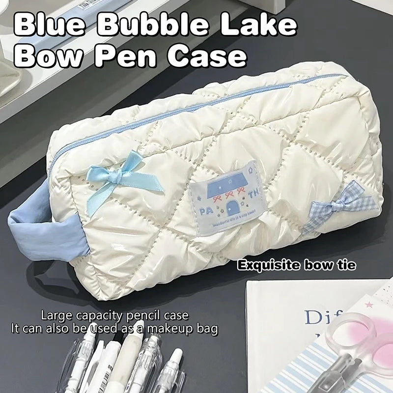 Blue White Bow Pencil Pouch Large Capacity Stationery Bag Travel Organiser Women Cosmetic Bag Cute Design Girls Pencil Case