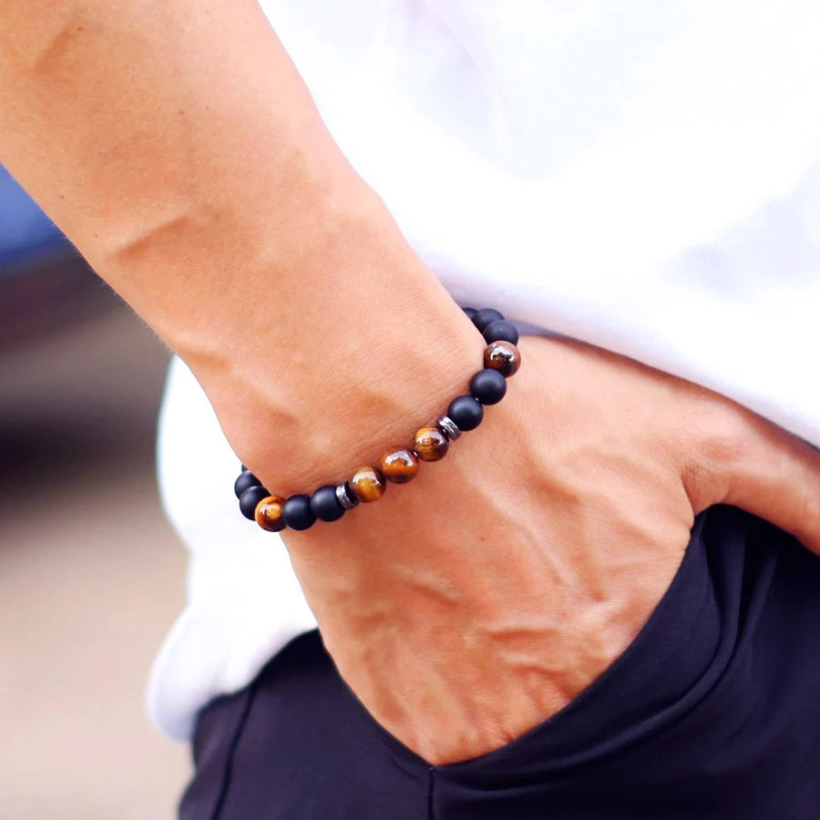 Noter Handmade Mens Bracelet 8mm Onyx Tiger Eyes Stone Beaded Braclet Hematite Healing Braslet Cadeau Homme Leisure Accessories - Live Store 4U