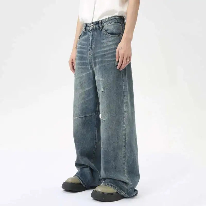IEFB American Style Men's Denim Pants Washing Fashion Loose Men's Straight Trousers Casual Wide Leg Jeans New Summer 2024 9C6303 - Live Store 4U