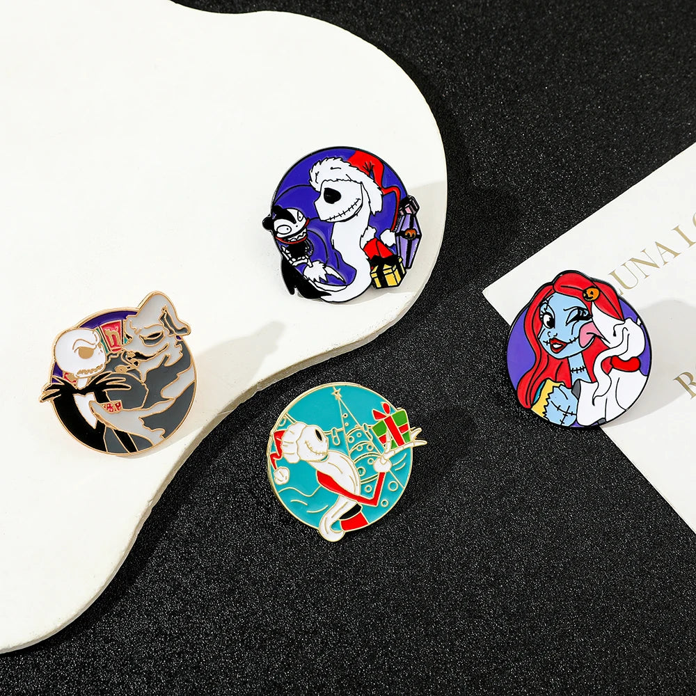 4 Pcs Anime Funny Brooch Santa Jack Skellington Christmas Enamel Pin Backpack Clothing Jewelry Metal Badge Accessories Gift