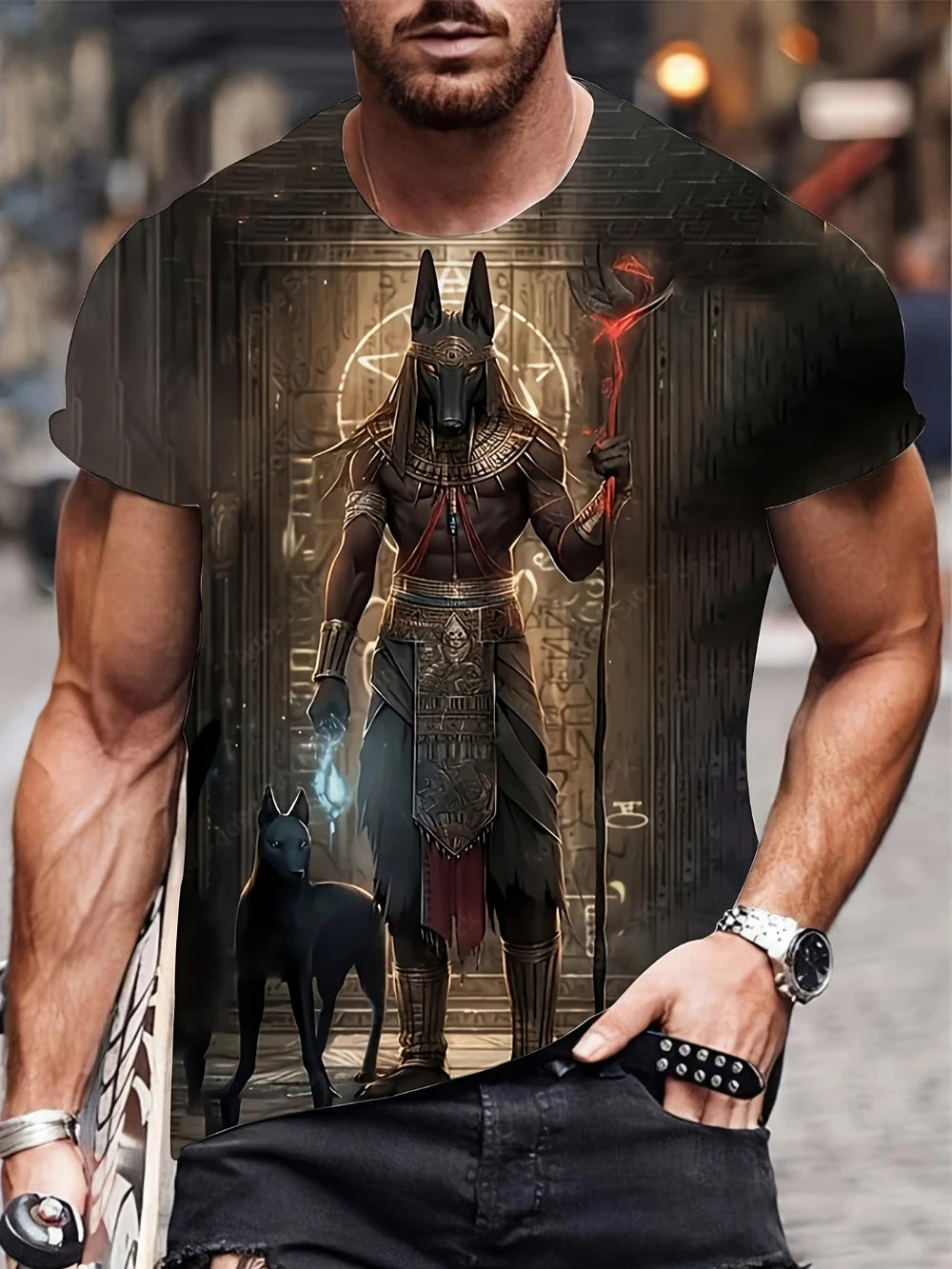 Egyptian Mythology Pattern Men's T-Shirt Hunting Tmall and Anubis Design Cyberpunk Style Short Sleeve Men's Light Casual Edition