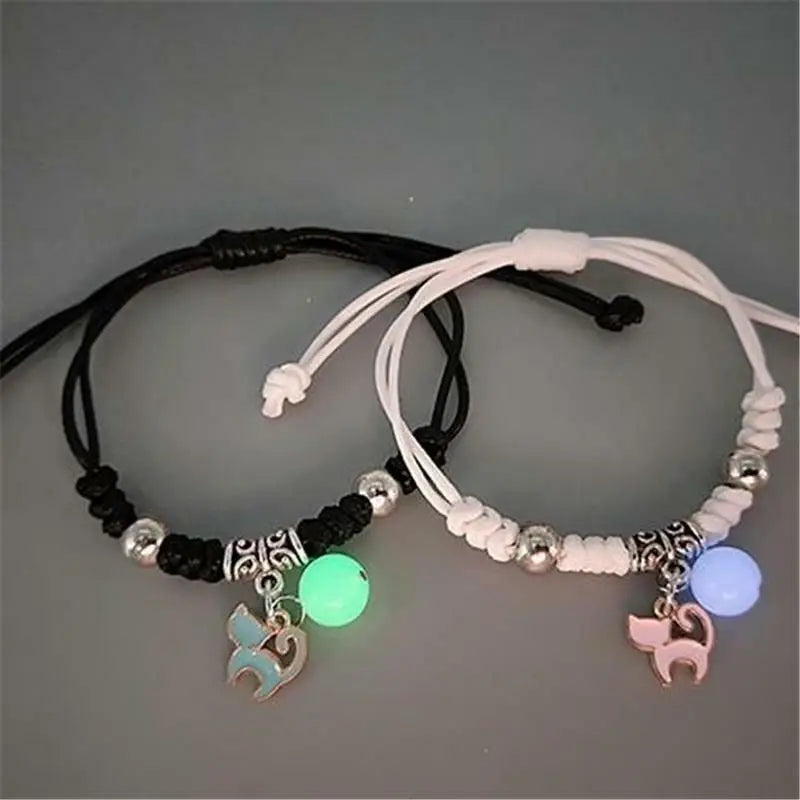 2PC Fashion Luminous Beads Star Couple Bracelet for Women Men Charm Cat Flower Heart Moon Love Matching Friend Bracelet Jewelry - Live Store 4U