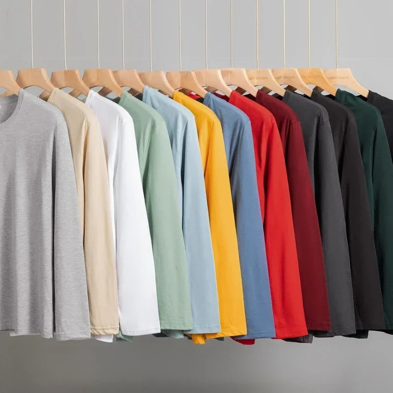 Men's Solid Color Round Neck Cotton Long Sleeved T-shirt Summer Comfortable Top - Live Store 4U