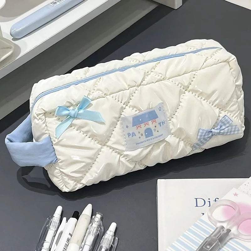 Blue White Bow Pencil Pouch Large Capacity Stationery Bag Travel Organiser Women Cosmetic Bag Cute Design Girls Pencil Case