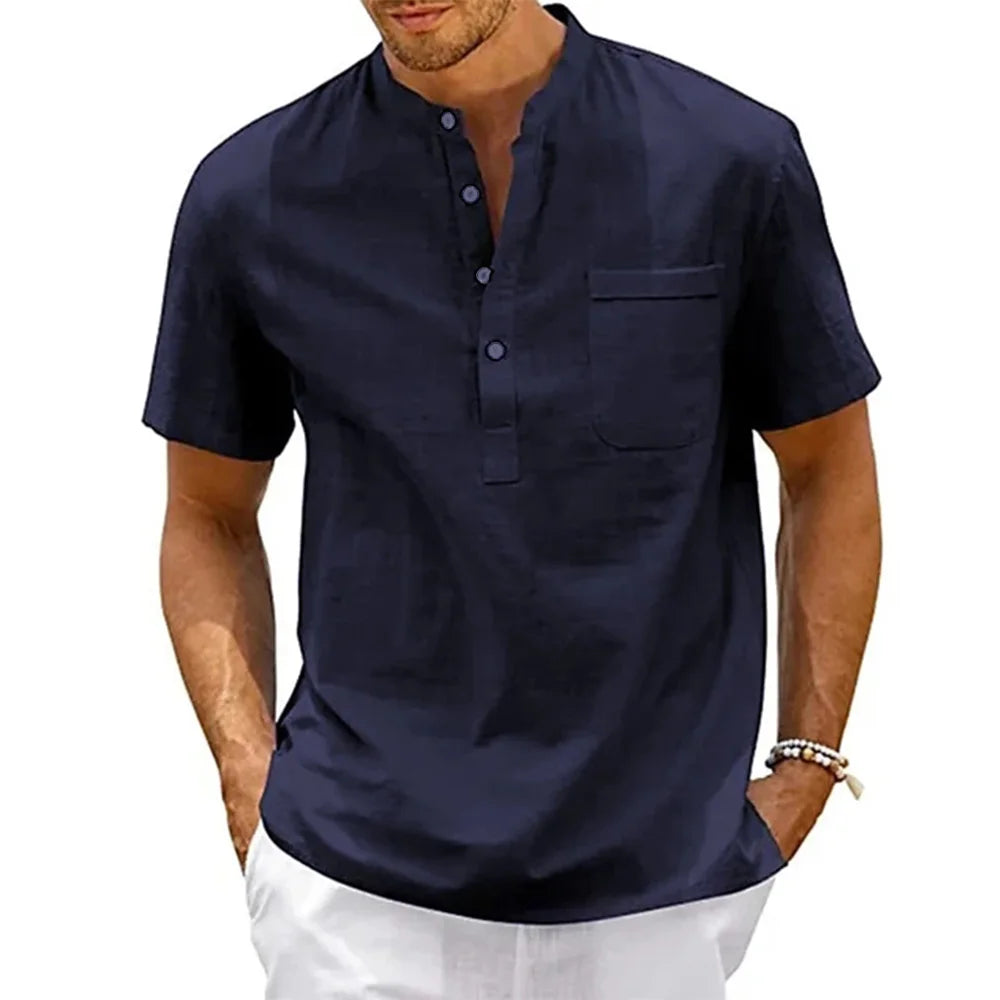 Cotton Linen Shirt Men Henley Neck Pocket Casual Beach Short Sleeve Solid Color Male Tops T-shirts Vintage Streetwear - Live Store 4U