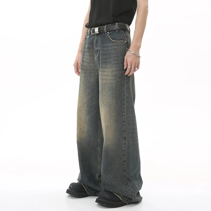 IEFB Summer Men's Denim Pants Old Blue Washed Male Jeans Straight Casual Menwear Loose Wide Leg Trousers New Fashion 9C354 - Live Store 4U