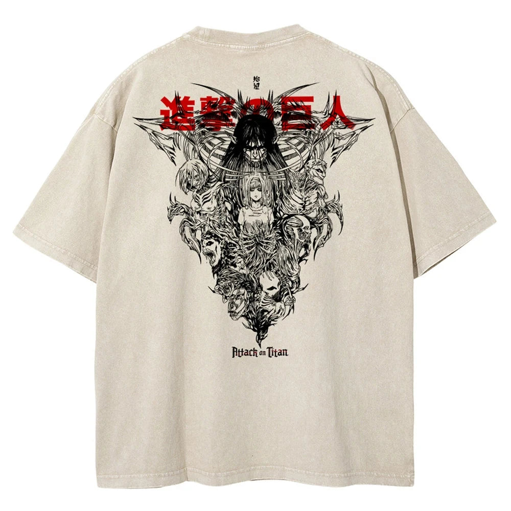 Men Washed Anime Attack On Titan T-Shirt Hip Hop Streetwear Graphic Print Oversize Tshirt Short Sleeve Cotton Loose Vintage Tops - Live Store 4U
