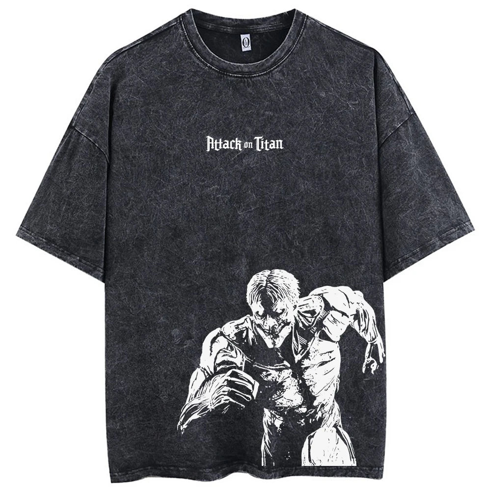 Men Washed Anime Attack On Titan T-Shirt Hip Hop Streetwear Graphic Print Oversize Tshirt Short Sleeve Cotton Loose Vintage Tops - Live Store 4U