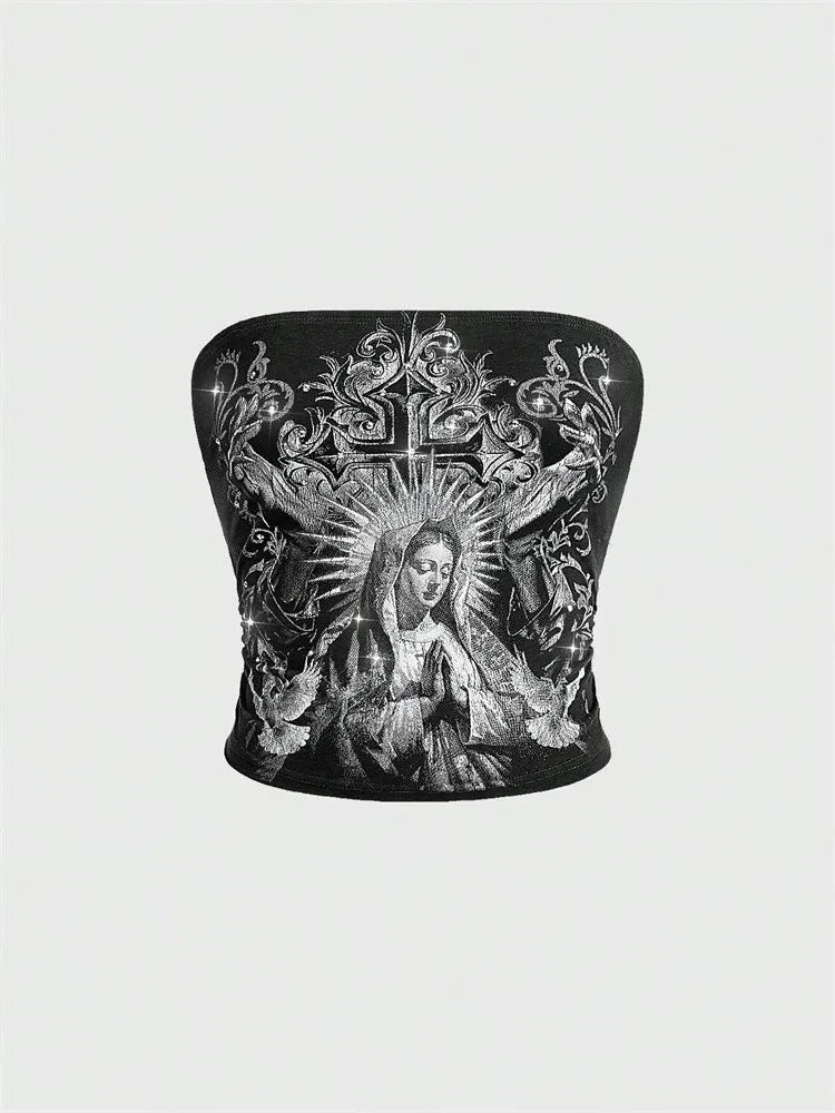 Women Gothic Print Tube Top Summer Y2K Clothes Sleeveless Off the Soulder Crop Top Streetwear - Live Store 4U