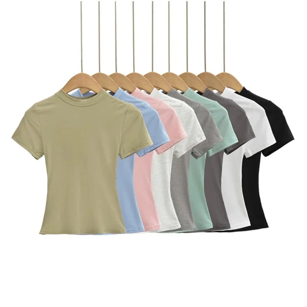 2025 New High Quality Casual T shirt Sexy Slim Short Sleeves Fashion Trend Solid Women Clothing y2k Tops - Live Store 4U