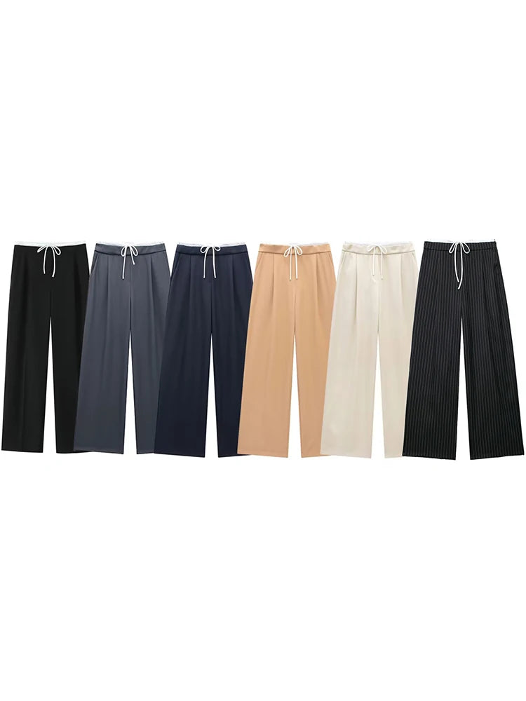 Willshela Women Fashion Solid Lace Up Side Zipper Straight Pants Vintage High Elastic Waist Female Chic Lady Trousers - Live Store 4U