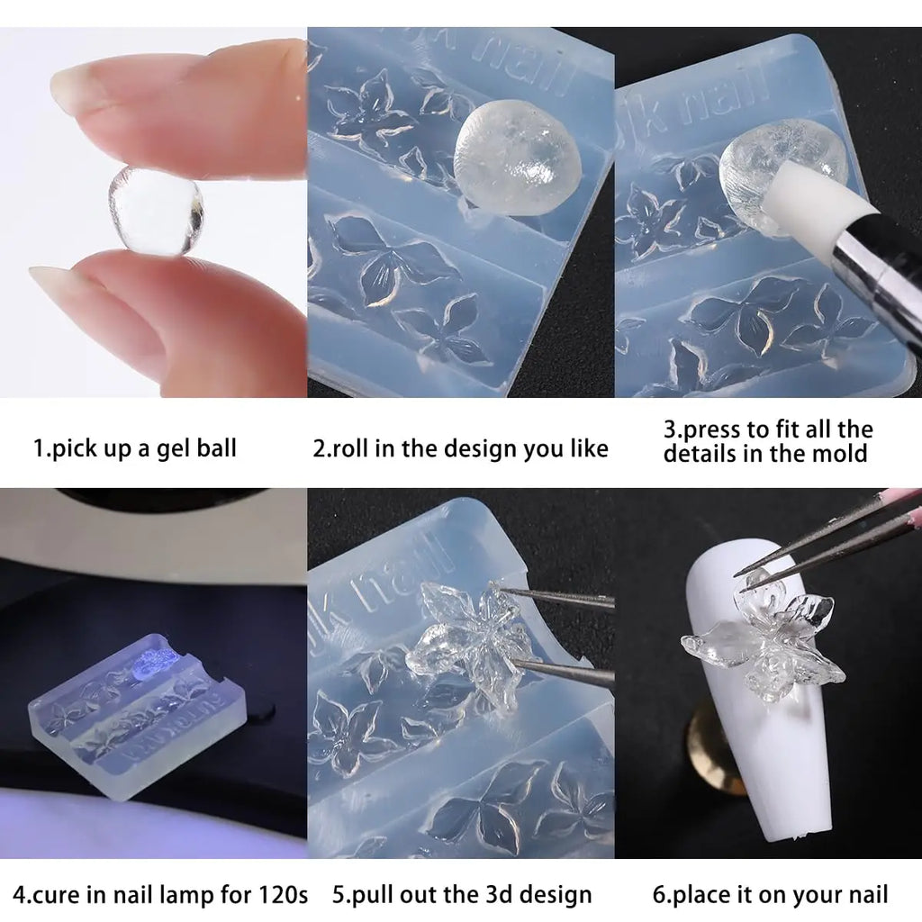 3D Silicone Flower Nail Carving Mold Acrylic Lily Hibiscus Floral Stamping Plate Nails Stencils Five-Petal Blossom Nail Template