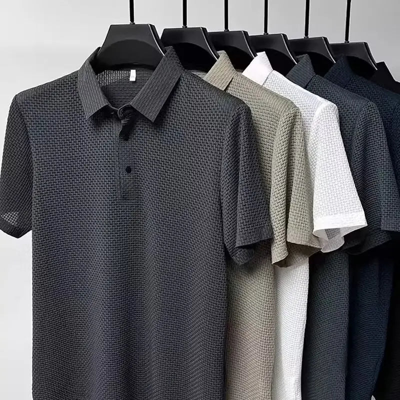 Summer New Men's Lop-up Hollow Short-sleeved Polo Tee Shirt Ice Silk Breathable Business Fashion T-Shirt Male Brand Clothes - Live Store 4U