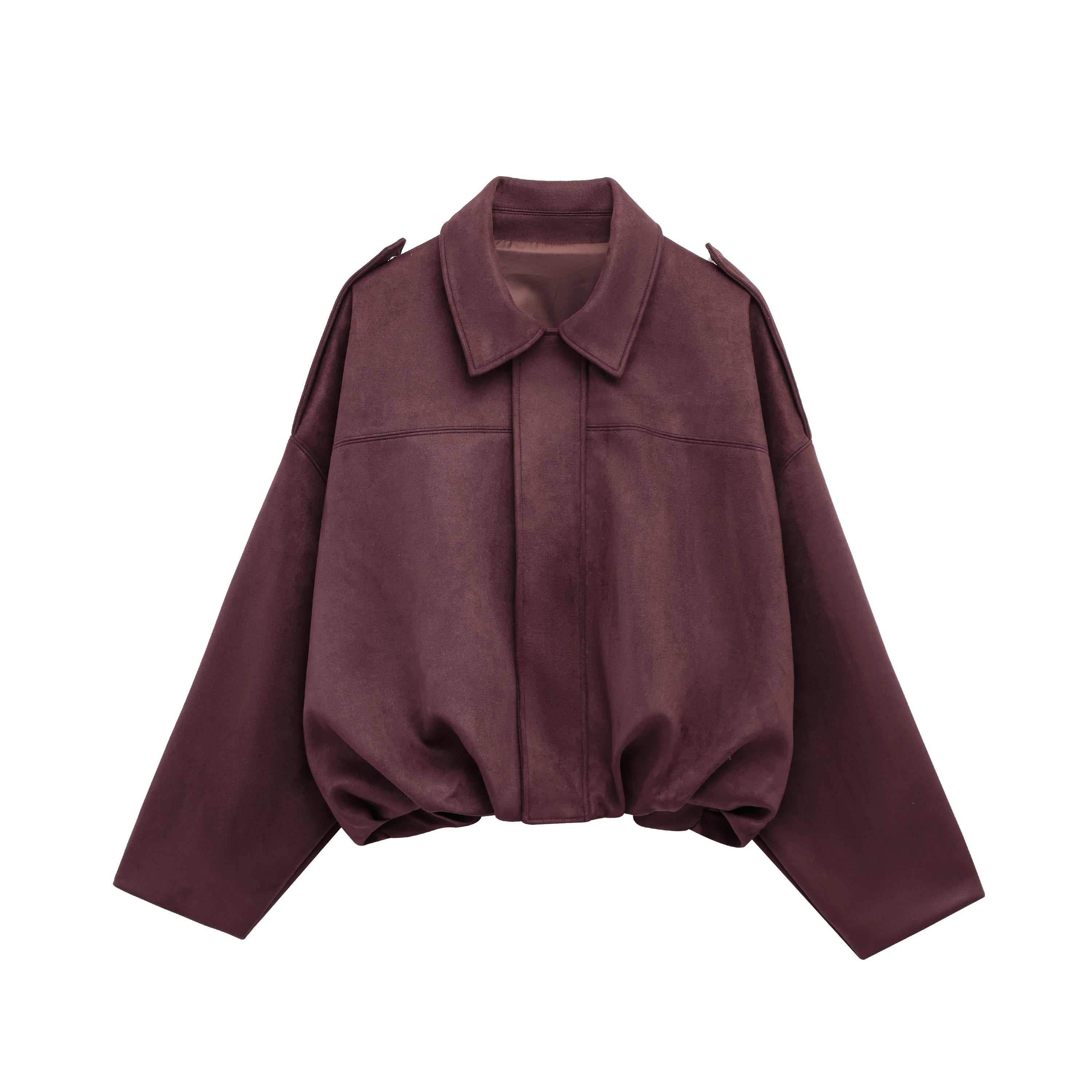 TRAFZA Women Brown Green Suede Jacket Loose Casual Bomber Coat Lapel Zipper Long Sleeve Jackets Vintage Lady Motorcycle Outwears