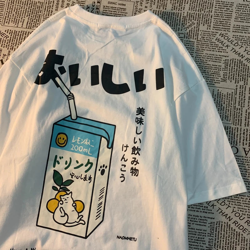 Cute Japanese Cat Print Oversized T-shirt men Women Short Sleeve Loose Casual Tee Shirt Streetwear Tops Cotton Harajuku Clothing - Live Store 4U