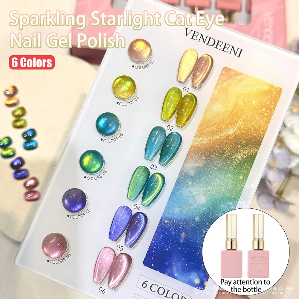 Vendeeni 6 Colors Crystal Cat Eye Gel Nail Polish Set Semi Permanent Sparkling Magnetic UV LED Soak Off Gel Varnish With Display