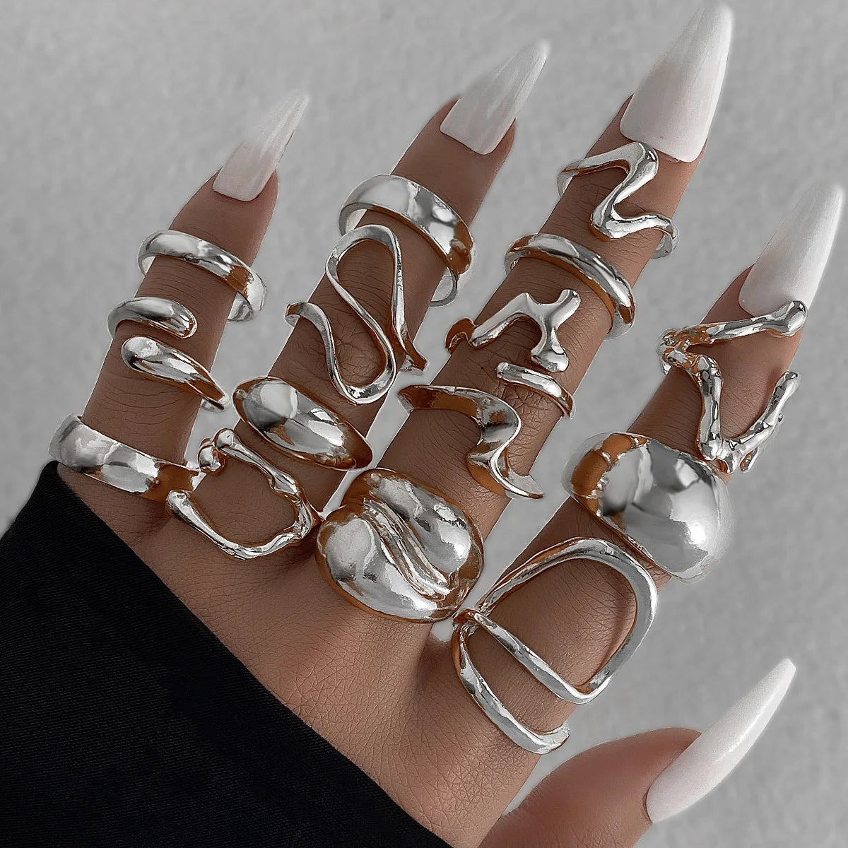 15Pcs/Set Exaggerated Metal Irregular Lines Water Droplet Smooth Rings for Women Men Punk Retro Boho Fashion Jewelry Gift - Live Store 4U