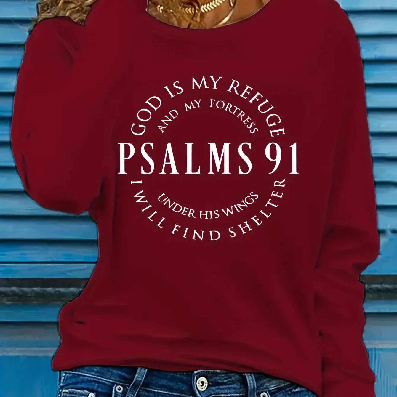 Spring and Autumn Women's 100% Cotton Fashion Casual Loose Inspirational Palms 91 Verseprint Round Neck Long Sleeve T-shirt