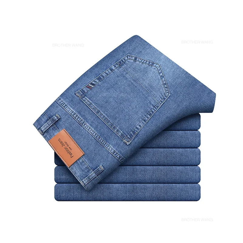 Summer Thin Men's Elastic Cotton Jeans Fashion Gray Comfortable Business Straight Casual Pants Brand Male Clothes Trousers - Live Store 4U