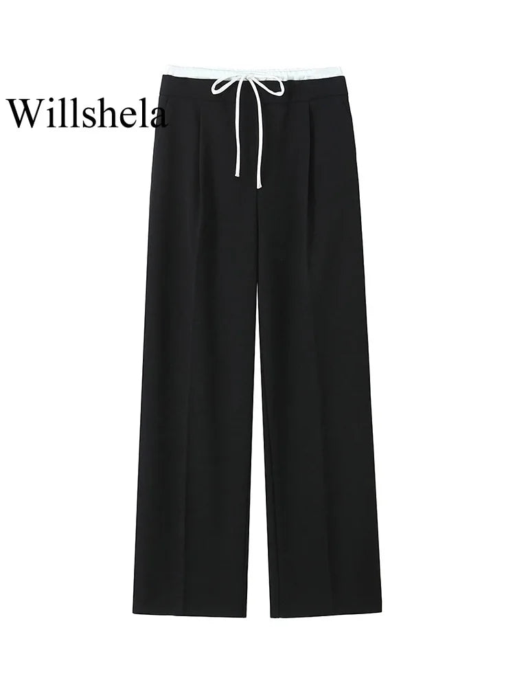 Willshela Women Fashion Solid Lace Up Side Zipper Straight Pants Vintage High Elastic Waist Female Chic Lady Trousers - Live Store 4U