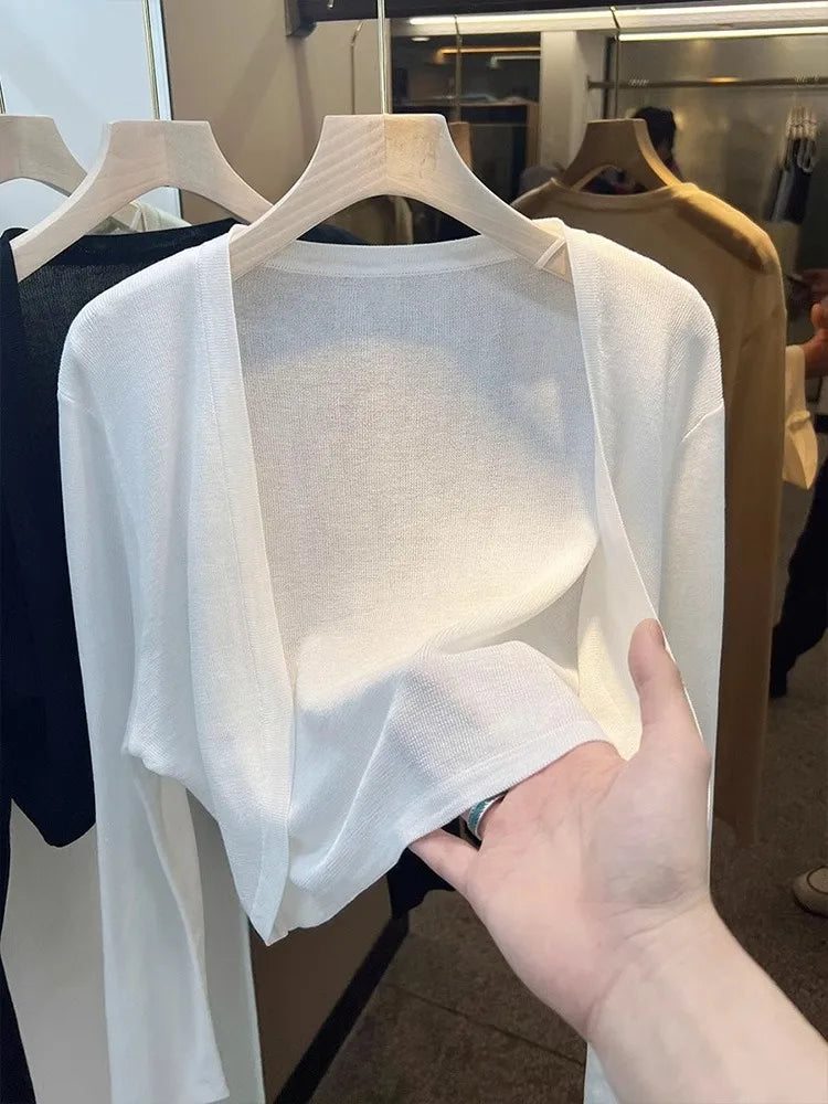 Short Ice Silk Knitted Sun Protection Cardigan Women's Thin Summer Suspender Skirt Layered Gauze Jacket Air-conditioned Cover Up - Live Store 4U