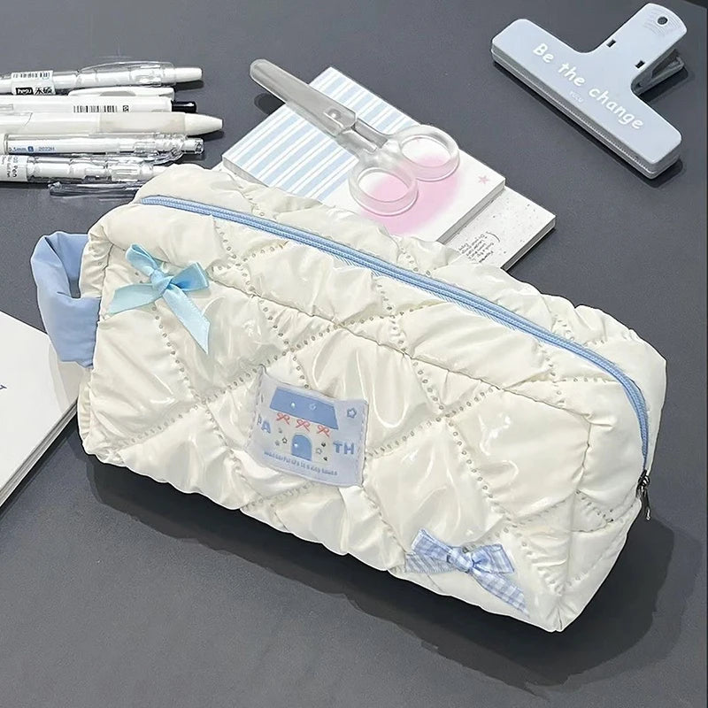 Blue White Bow Pencil Pouch Large Capacity Stationery Bag Travel Organiser Women Cosmetic Bag Cute Design Girls Pencil Case