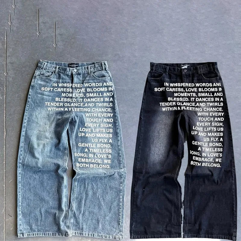 Y2K men Jeans vintage American Pattern letter jeans streetwear gothic Harajuku Hip Hop men women Fashion Casual wide leg jeans - Live Store 4U
