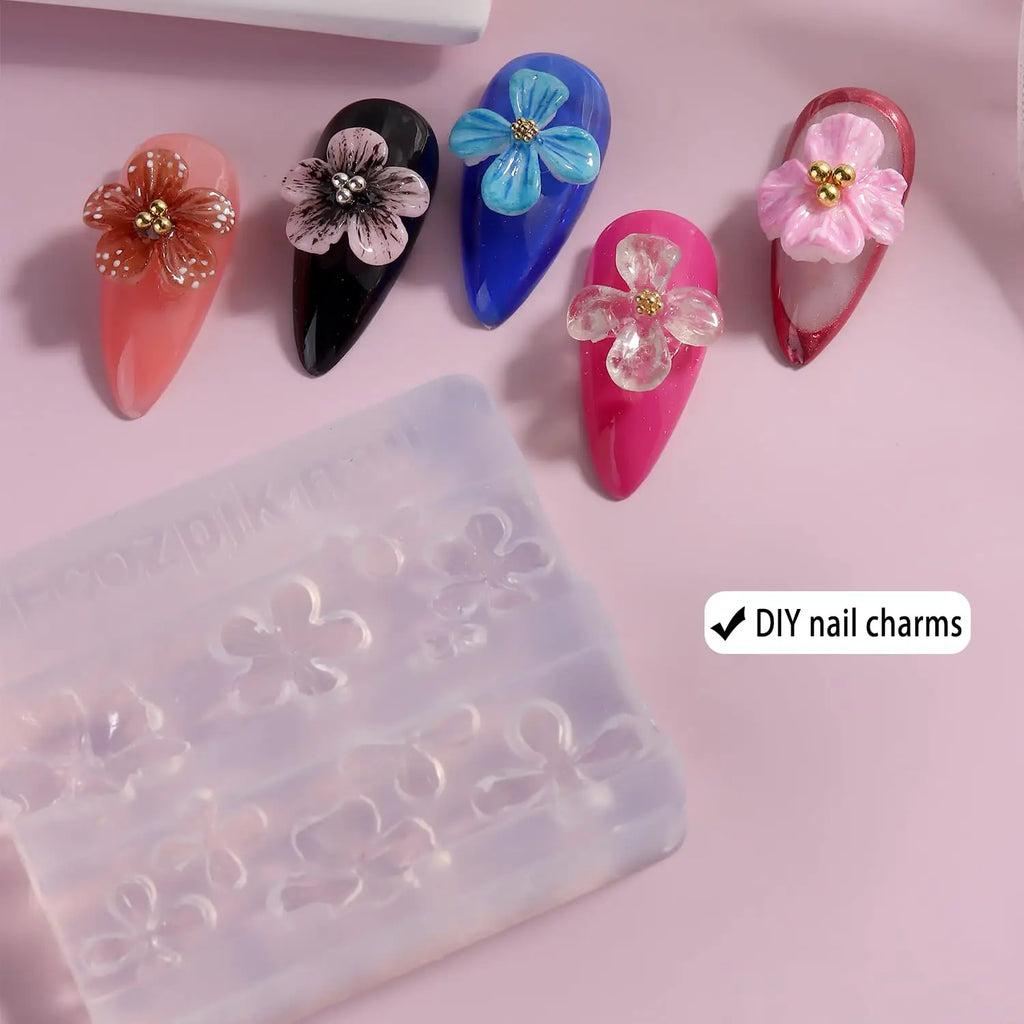 3D Silicone Flower Nail Carving Mold Acrylic Lily Hibiscus Floral Stamping Plate Nails Stencils Five-Petal Blossom Nail Template