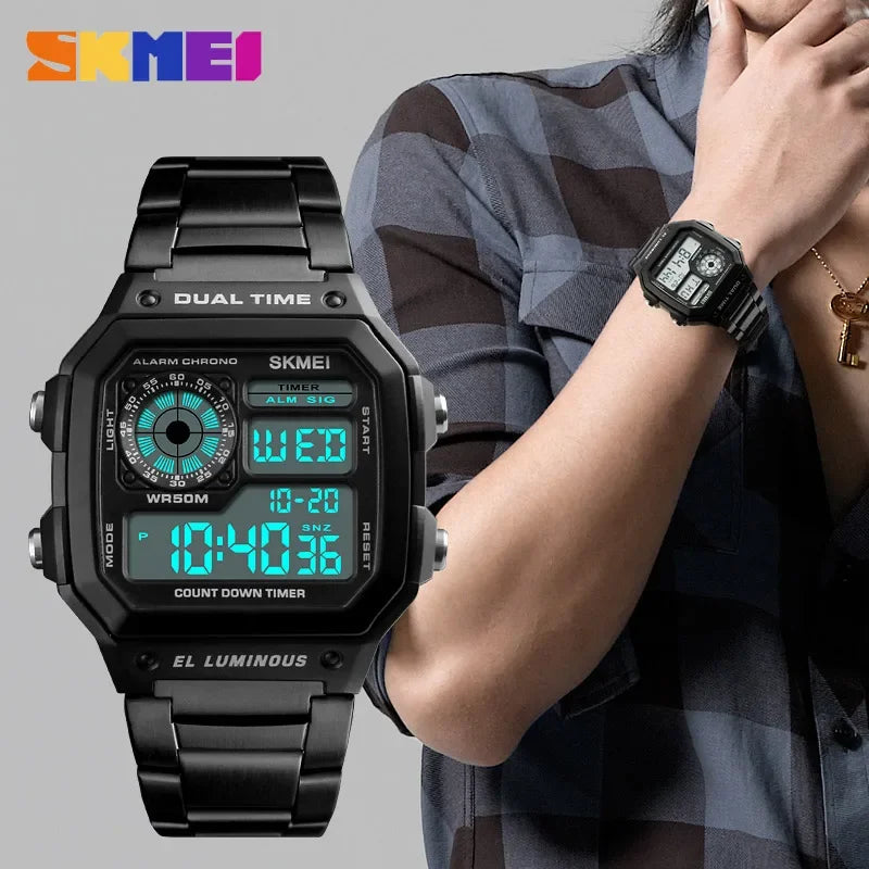 SKMEI 1335 Retro SportsDigital Watch for Men Waterproof Chrono Electronic Mens Wristwatches Stainless Steel Clock Reloj Hombre