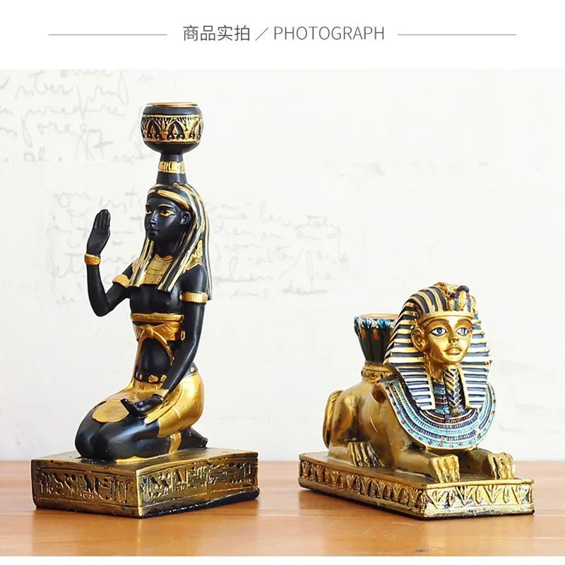 Resin Figurines Candleholder Retro Ancient Egyptian Goddess Sphinx Anubis Shape Candlestick Crafts Home Decorative Ornaments