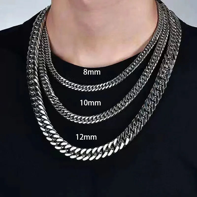 HNSP Stainless Steel Cuban Link Chain Necklace For Men Jewelry 8MM-14MM Width Male Neck Accessories - Live Store 4U
