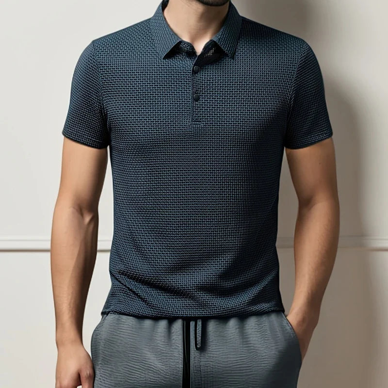 New Men's Business Casual Short Sleeved Bone Flower Solid Color POLO Shirt Fashion Breathable Comfortable Summer Versatile Top - Live Store 4U