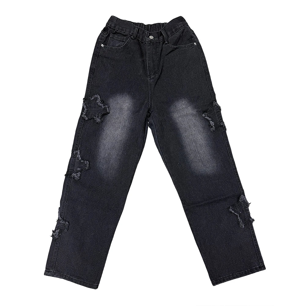 Stars Patchwork Men Jeans New Fashion Y2K Tassel Pants Korea Clothes Straight Hip Hop Splicing Trousers Male Streetwear - Live Store 4U