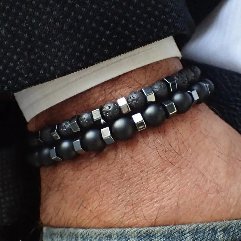 New In Frosted Black Bead Volcanic Stone Men’s Bracelet Set Double Layer Nature Stone Beaded Bracelets Gifts - Live Store 4U