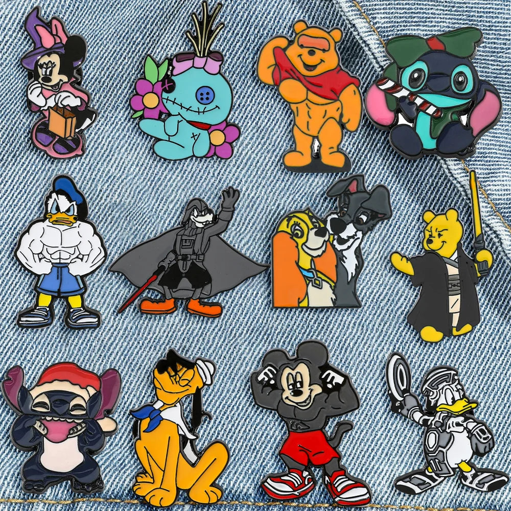 12 Pcs Spoof Cute Character Brooch Donald Duck Pooh Mickey Enamel Pin Backpack Clothing Jewelry Metal Badge Accessories Gift