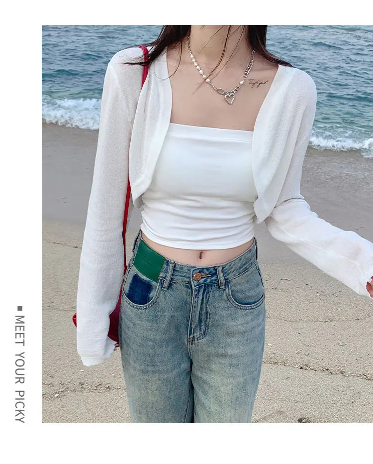 Short Ice Silk Knitted Sun Protection Cardigan Women's Thin Summer Suspender Skirt Layered Gauze Jacket Air-conditioned Cover Up - Live Store 4U