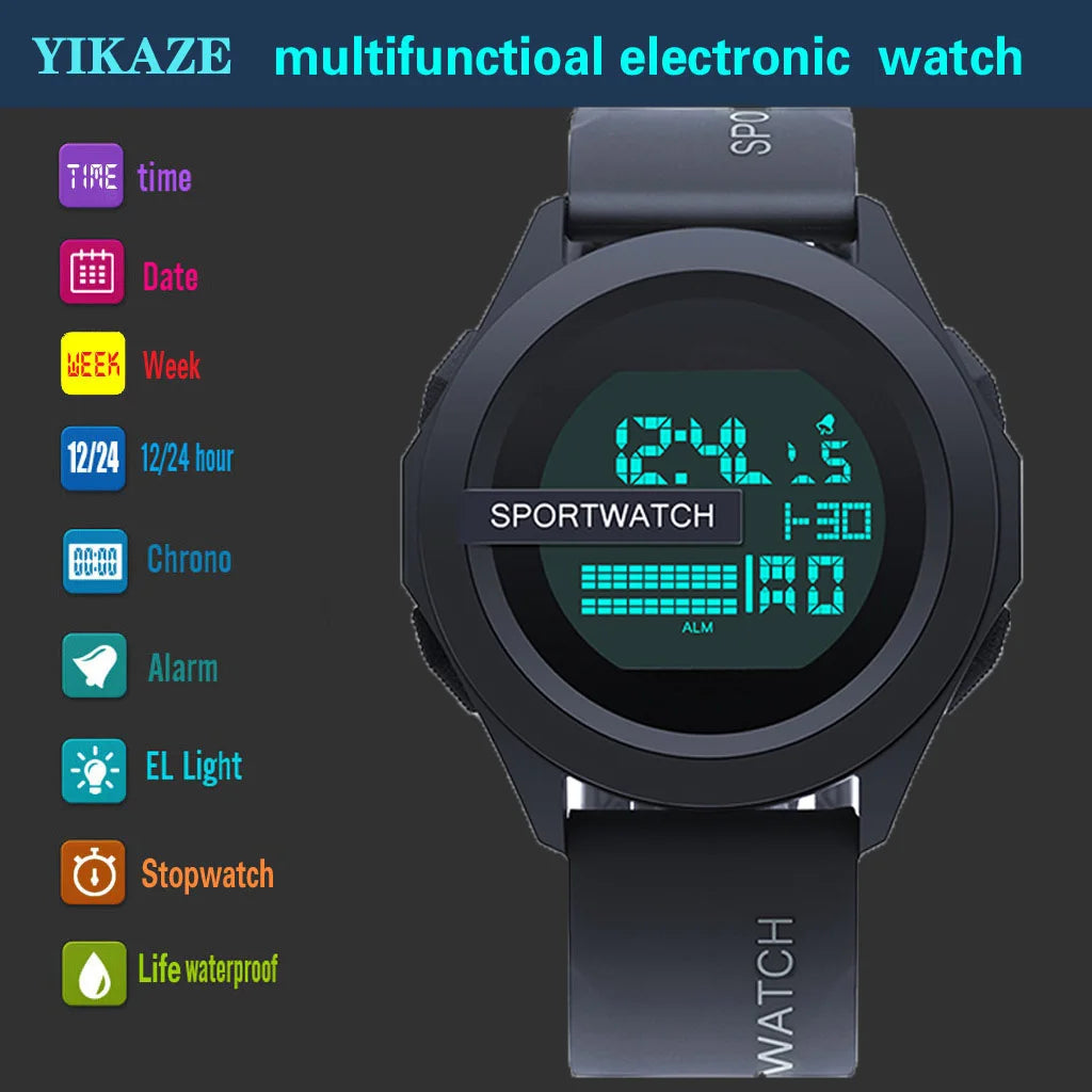 YIKAZE Sport Watch for Men Military Digital Watch Stopwatch Luminous Date Week Waterproof Men's Clock Electronic Wristwatch