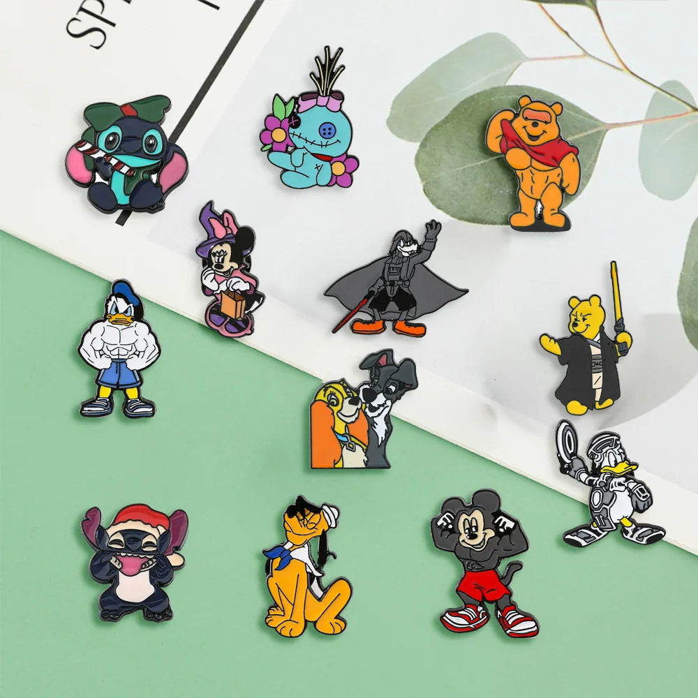 12 Pcs Spoof Cute Character Brooch Donald Duck Pooh Mickey Enamel Pin Backpack Clothing Jewelry Metal Badge Accessories Gift