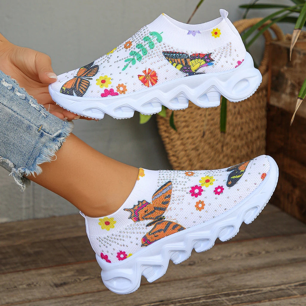 Crystal Floral Women's Knitted Sneakers Summer 2024 New Breathable Air Mesh Casual Shoes Woman Light Weight Walking Sports Flats