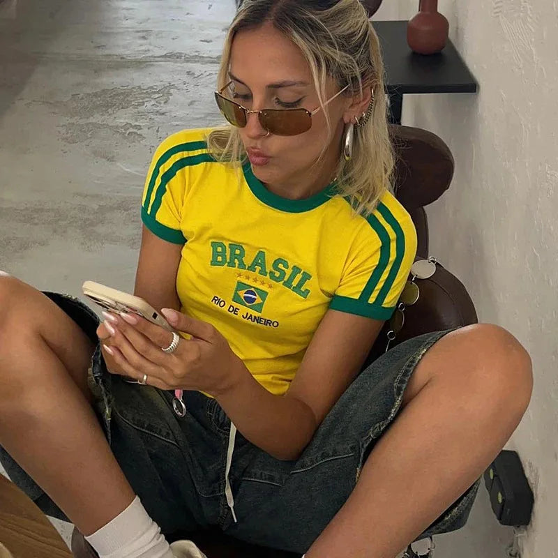 Womens Aesthetic BRASIL Letter Print T-Shirt and Shorts Suit, Vintage Grunge  Short Sleeve Baby Tees, Summer Crop Top Y2k Clothe