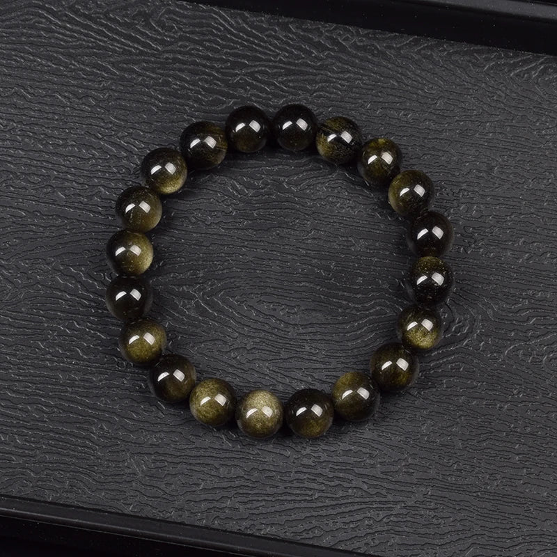 Natural Golden Obsidian Stone Beads Bracelet Men Women Golden Light Rainbow Obsidian Raw Stone Round Bead Natural Energy Jewelry - Live Store 4U