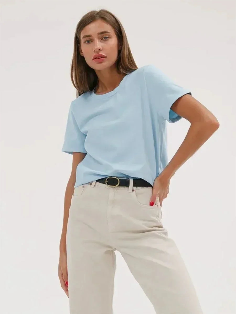 Bornladies Summer 100% Cotton Women's T-shirt Bottoming Basic Fashionable Solid Lady Short Sleeve Loose Tops Shirts 230g/㎡ Tops